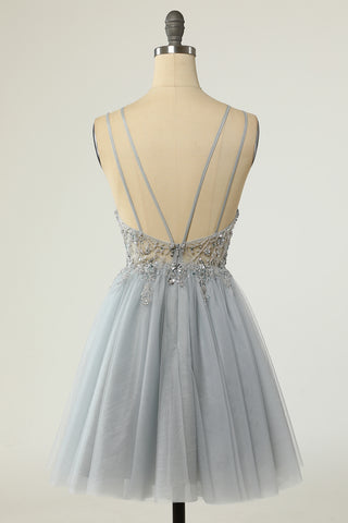 Gray Sheer Bodice Beaded Short Gown with Spaghetti Straps