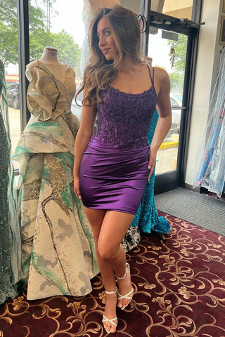 Purple Appliques Ruching Cocktail Dress with Spaghetti Straps
