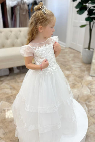 White Round Neck Puff Sleeve Long Flower Girl Dress