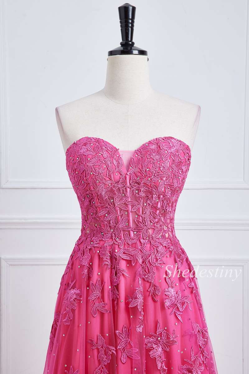 Hot Pink Appliques Sweetheart A-Line Long Formal Dress with Slit