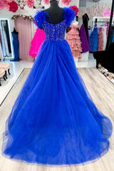 Lilac A-line Off-the-Shoulder Feathers Beaded Straps Tulle Long Prom Dress