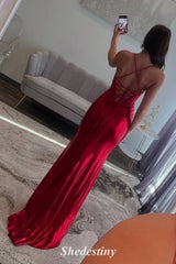 Luxury Sequin Red Mermaid Pleated Slit Prom Dress 