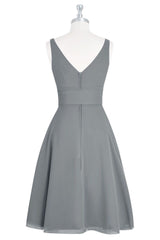 Grey V Neck Chiffon Mini Bridesmaid Dress with Bow Tie Sash