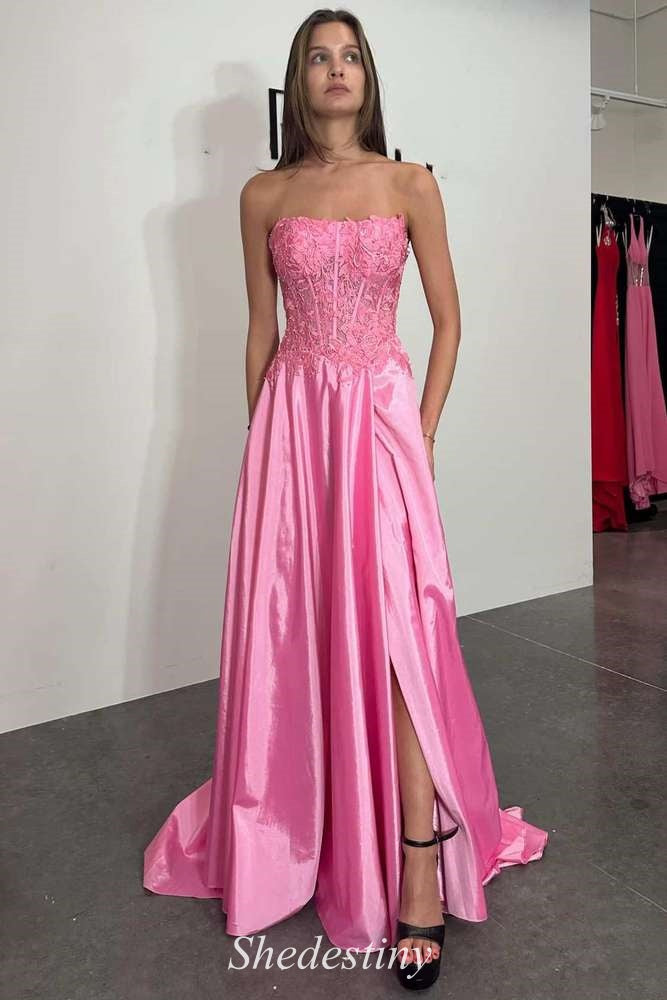 Corset Hot Pink Strapless A-Line Applique Prom Dress with Slit