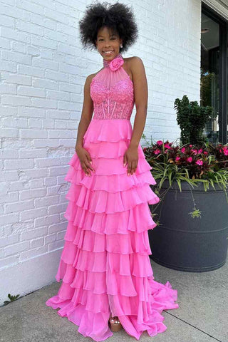 Hot Pink Beaded Halter Tiered Ruffles Prom Dress with Slit