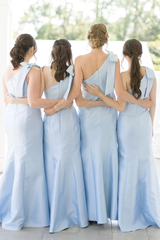 Asymmetrical One Shoulder Blue Sheath Elegant Bridesmaid Dress