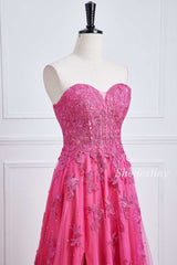 Hot Pink Appliques Sweetheart A-Line Long Formal Dress with Slit