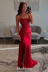 Luxury Sequin Red Mermaid Pleated Slit Prom Dress with Straps