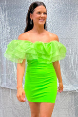 Green Off-the-Shoulder Ruffle Fitted Homecoming Dress