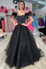 Lilac A-line Off-the-Shoulder Feathers Beaded Straps Tulle Long Prom Dress