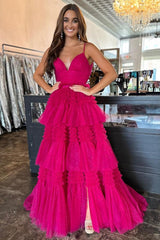 Red Tulle V-Neck Multi-Tiered A-Line Prom Dress