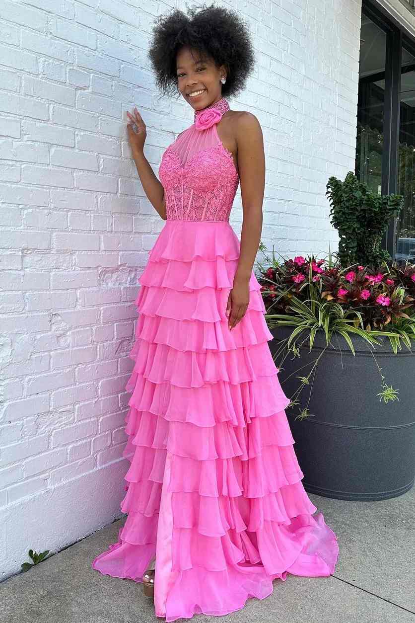 Beaded Halter Tiered Ruffles Prom Dress with Slit