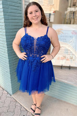 Blue Tulle Lace Split Neck A-Line Short Homecoming Dress