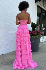 Halter Tiered Ruffles Prom Dress with Slit