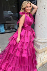 Bright Pink Plunge V Bow Strap Ruffle Multi-Layer Ball Gown