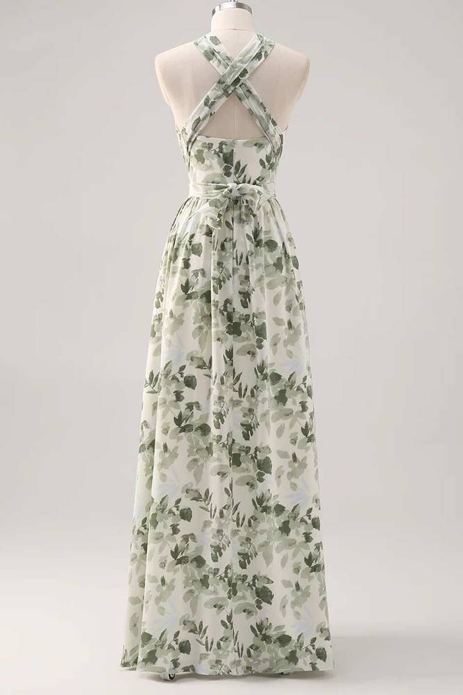 Asymmetrical Straps Green Floral Print Corset A-Line Prom Dress