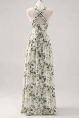 Asymmetrical Straps Green Floral Print Corset A-Line Prom Dress
