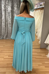 Blue Off the Shoulder Pleated Mother of the Bride Dress with Long Sleeves