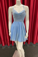 Blue Cowl Neck Cross-Back Hotfix Short Party Dress