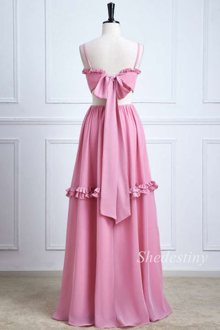Pink Spaghetti Strap Tie-Back Ruffle Maxi Dress