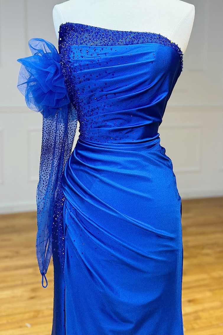 Strapless Beaded Corset Mermaid Blue Ruched Prom Dress with Sleeve