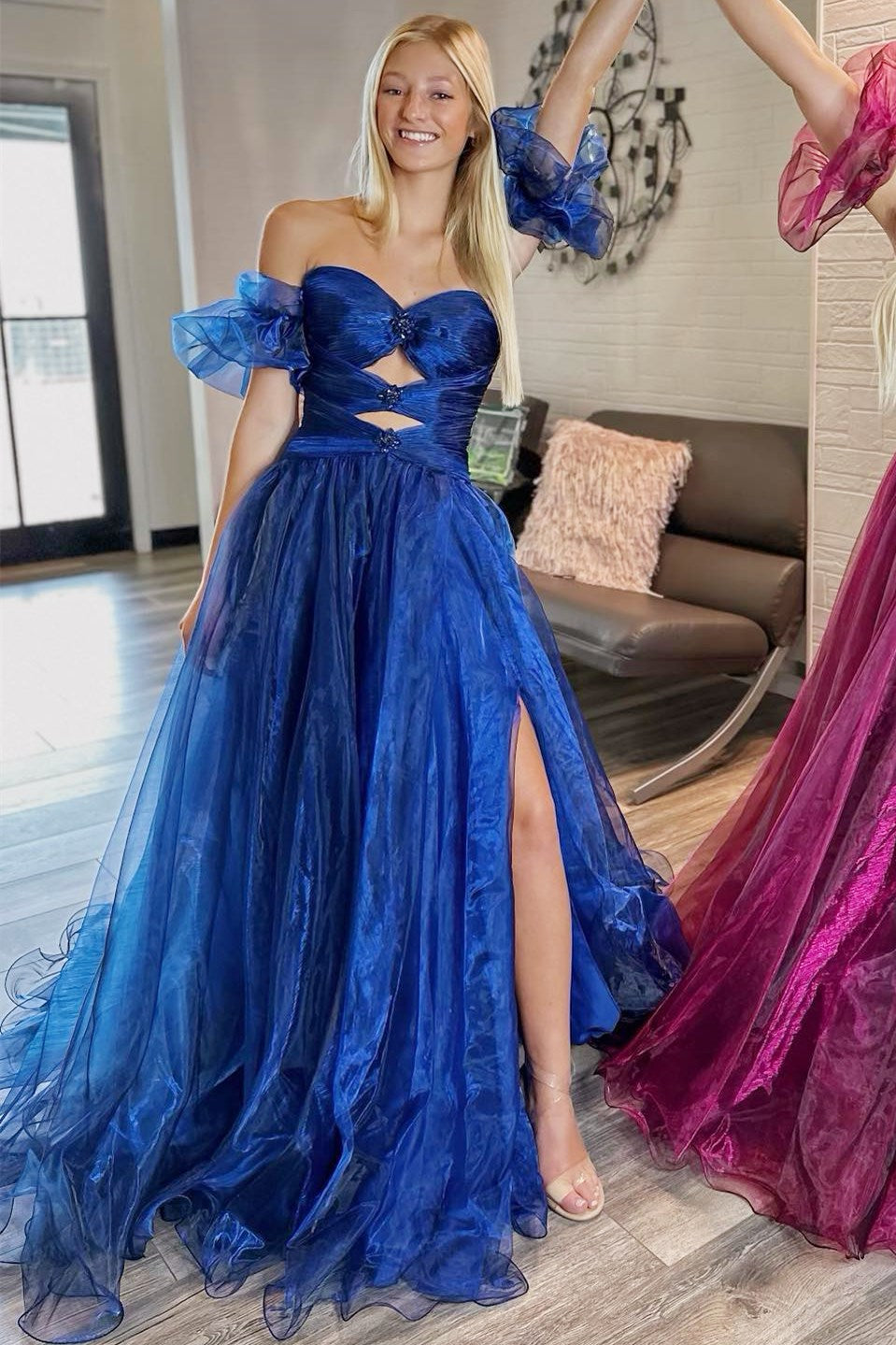Blue Strapless Cutout Long Prom Dress with Detachable Sleeves
