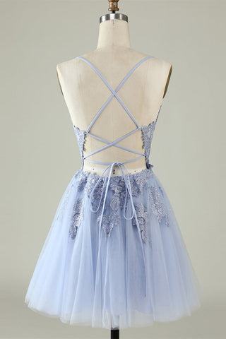 Dusty Blue Tulle V-Neck Lace-Up A-Line Homecoming Dress