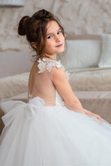 White Tulle Appliques Backless A-Line Flower Girl Dress