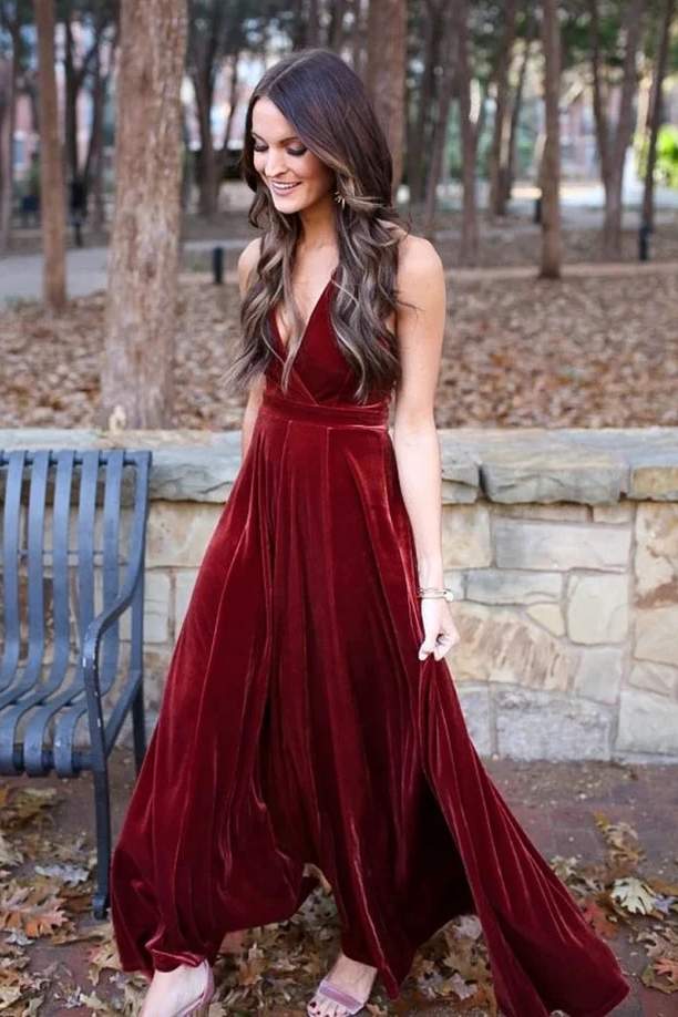 Burgundy Halter Velvet Backless Long Bridesmaid Dress with Slit