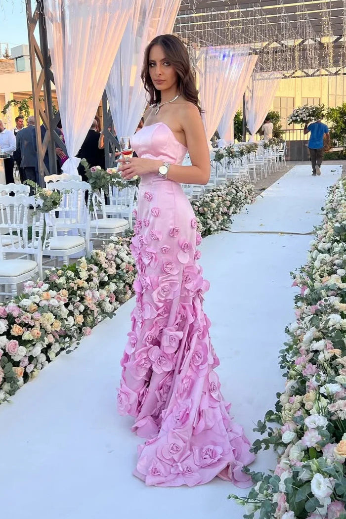 Rosette Strapless Pink A-Line Satin Long Prom Dress