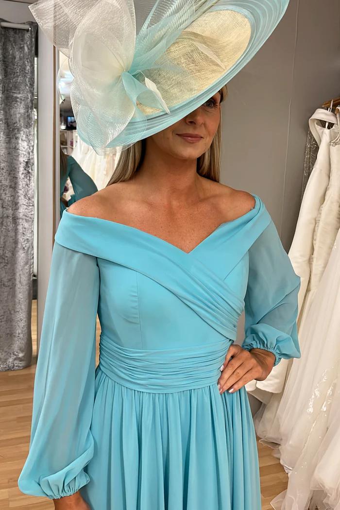 Off the Shoulder Pleated Mother of the Bride Dress with Long Sleeves