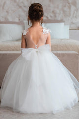 White Tulle Appliques Backless A-Line Flower Girl Dress