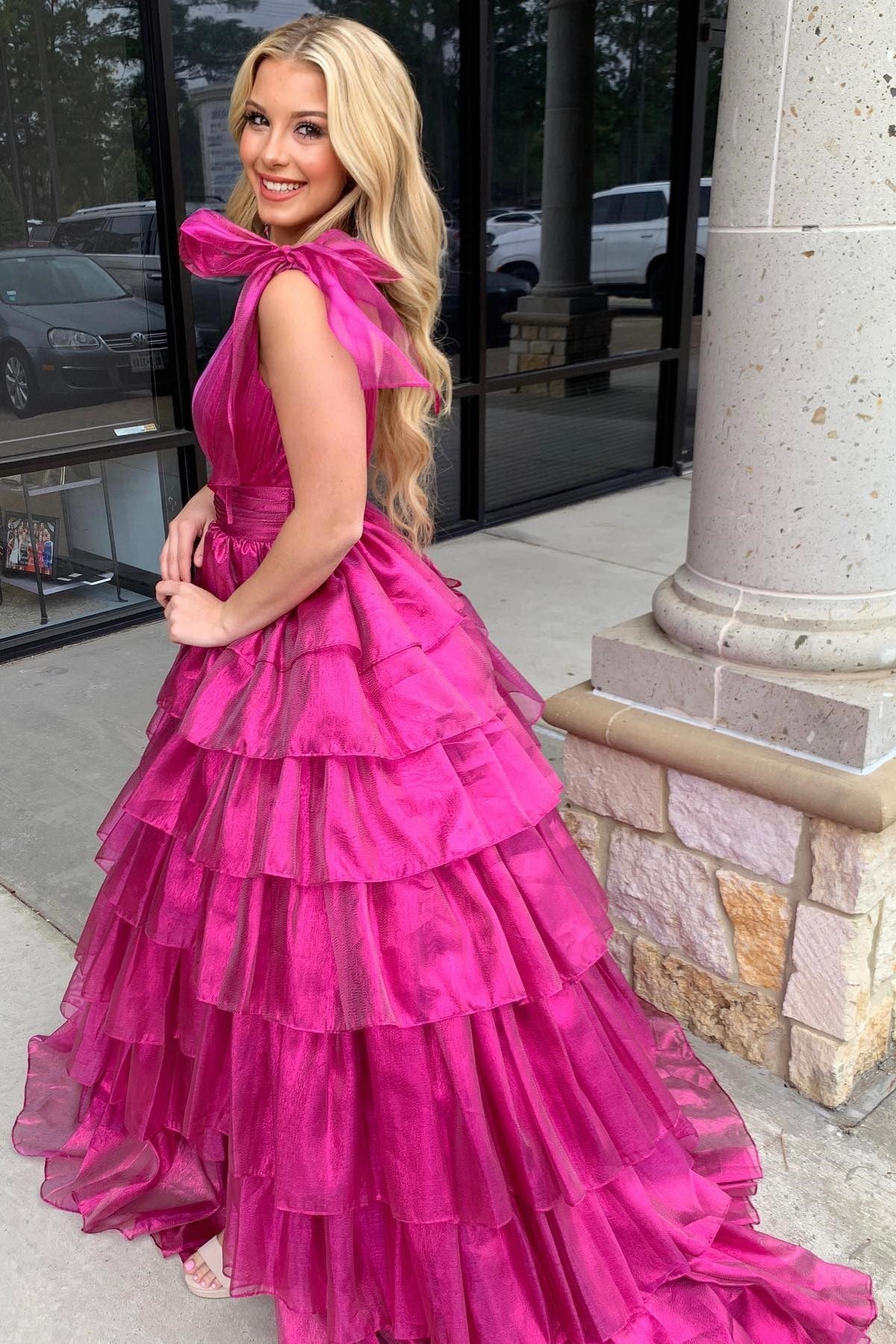 Bright Pink Plunge V Bow Strap Ruffle Multi-Layer Ball Gown