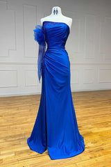 Mermaid Blue Strapless Beaded Corset Ruched Prom Dress with Sleeve