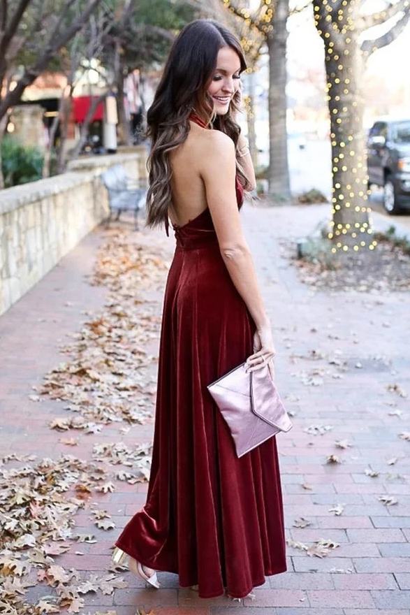 Burgundy Plunging V-Neck Velvet Backless Long Bridesmaid Dress with Slit