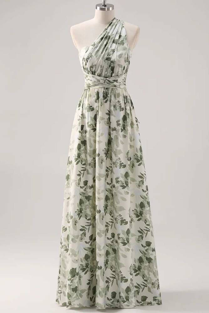 Asymmetrical Straps Green Floral Print Corset A-Line Prom Dress