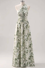 Asymmetrical Straps Green Floral Print Corset A-Line Prom Dress