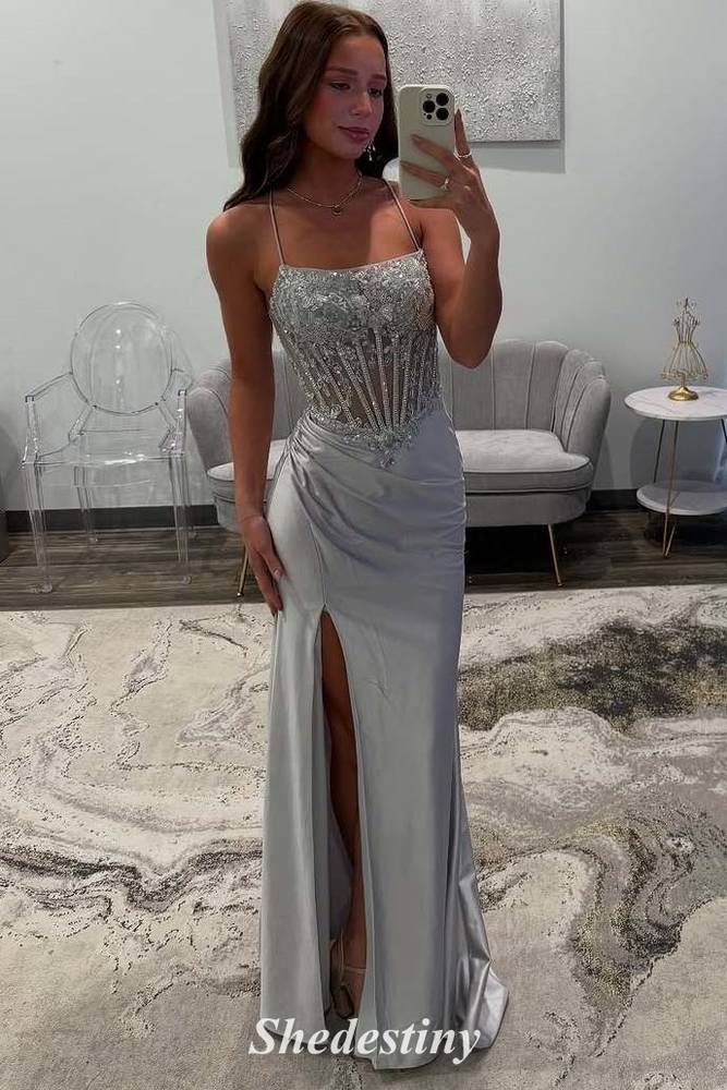 Luxury Sequin Silver Mermaid Pleated Slit Prom Dress 