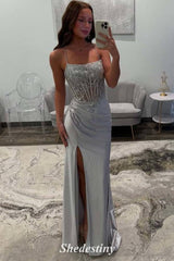 Luxury Sequin Silver Mermaid Pleated Slit Prom Dress 