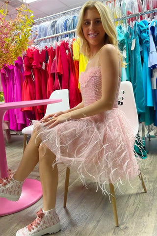 Pink Sweetheart Ruffle A-Line Homecoming Dress with Feathers