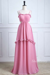 Pink Spaghetti Strap Tie-Back Ruffle Maxi Dress