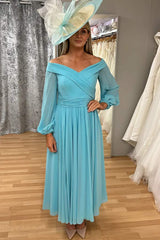 Off the Shoulder Pleated Mother of the Bride Dress with Long Sleeves