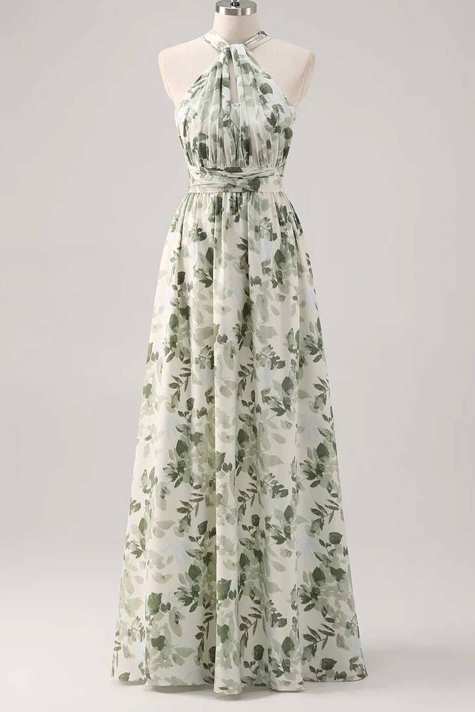 Asymmetrical Straps Green Floral Print Corset A-Line Prom Dress