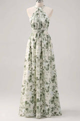 Asymmetrical Straps Green Floral Print Corset A-Line Prom Dress