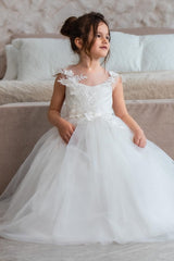 White Tulle Appliques Backless A-Line Flower Girl Dress