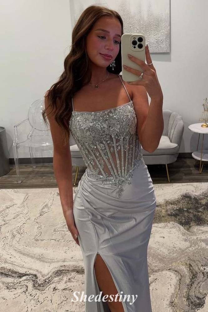 Luxury Sequins Mermaid Pleated Slit Prom Dress 