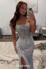 Luxury Sequins Mermaid Pleated Slit Prom Dress 