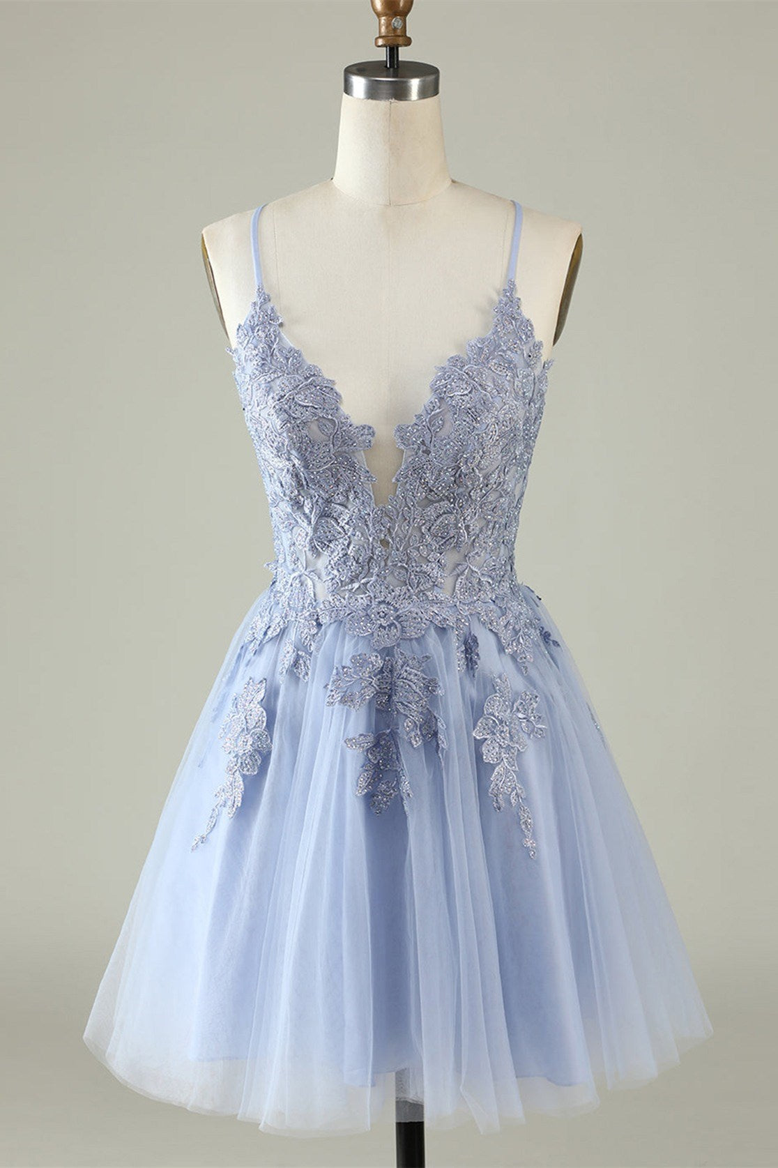 Dusty Blue Tulle V-Neck Lace-Up A-Line Homecoming Dress