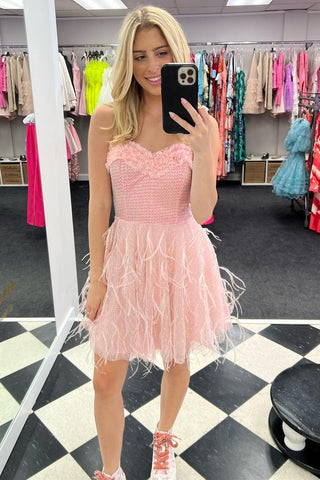 Pink Sweetheart Ruffle A-Line Homecoming Dress with Feathers