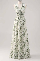 Asymmetrical Straps Green Floral Print Corset A-Line Prom Dress